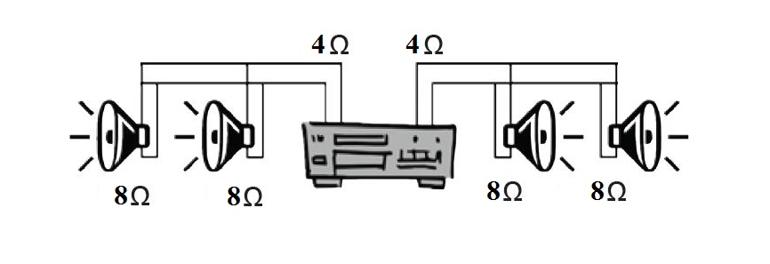 Схема подключения CMRQ108 (8 Ом) к 4 Ом выходу усилителя: